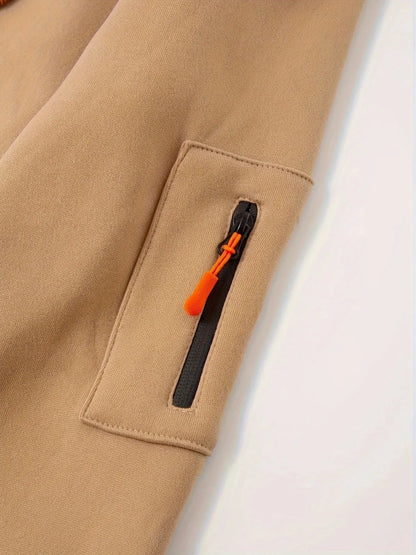 Men's casual sports hoodie, spring and autumn fashion arm pocket pull rope hooded solid color loose long-sleeved blouse pullover