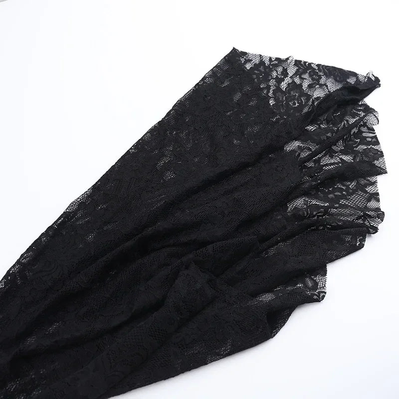Y2K Goth Floral Lace Mesh Flared Sleeve Bodycon Party Dresses Sexy Vintage Elegant Black Velvet V-Neck Long Dress Partywear