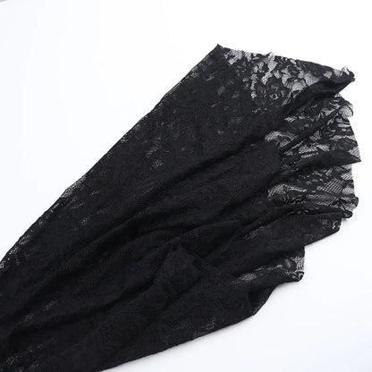 Y2K Goth Floral Lace Mesh Flared Sleeve Bodycon Party Dresses Sexy Vintage Elegant Black Velvet V-Neck Long Dress Partywear