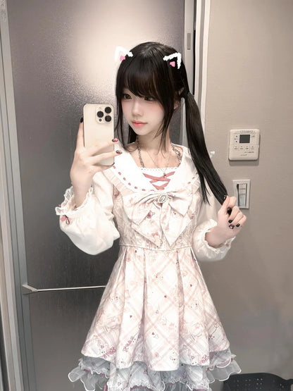 Spring Summer Pink Cute Casual Long Sleece Dresses for Women Bow Printed Bear Navy Collar Princess Dress Waist Pleated
