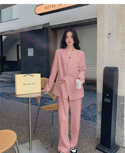 Women's Korean Fashion Long Sleeve Blazer And Wide Leg Pants Two-Piece Set Office Casual Loose Fit Spring Autumn Suits