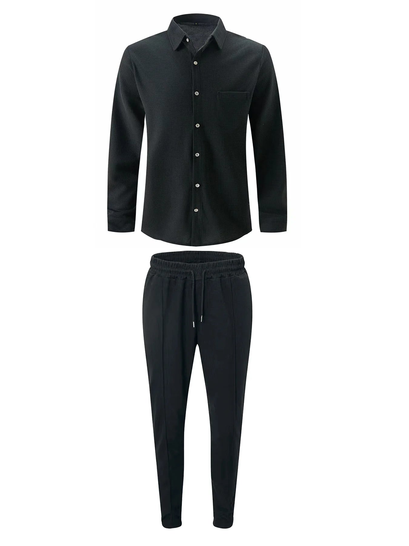 Spring and Autumn Men Waffle Solid Color Two-piece New Trend Lapel Long-sleeved Shirt and Trousers Casual Outdoor Sports Suit