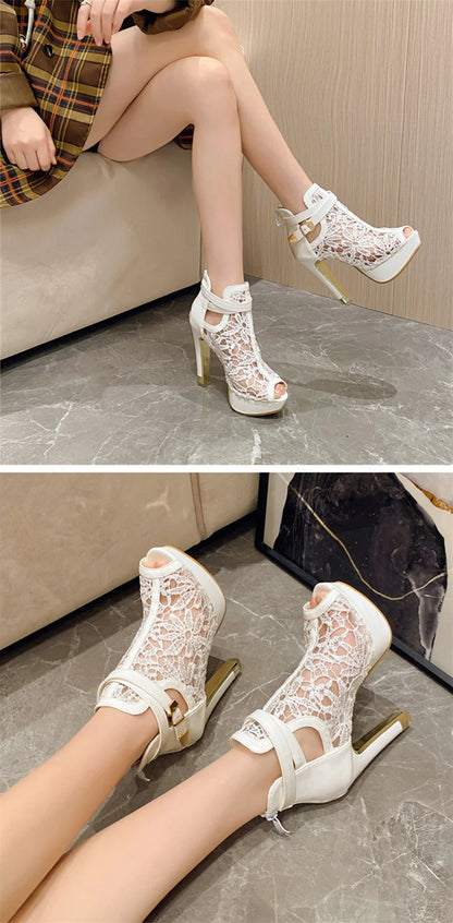 Hlieny Autumn Sexy Mesh Fabric Platform High Heels Boots Sandals Women Peep Toe Nightclub Party Stiletto Female Shoes