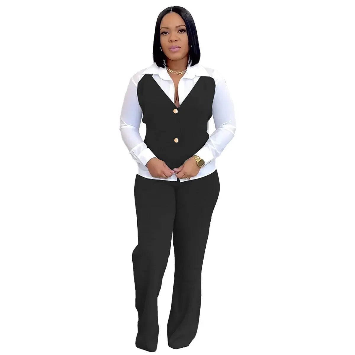 HLJ Elegant Lady Patchwork Shirts Two Piece Sets Women Lapel Long Sleeve Button Top And Pants Outfits Autumn OL 2pcs Clothing