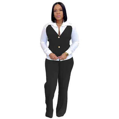 HLJ Elegant Lady Patchwork Shirts Two Piece Sets Women Lapel Long Sleeve Button Top And Pants Outfits Autumn OL 2pcs Clothing