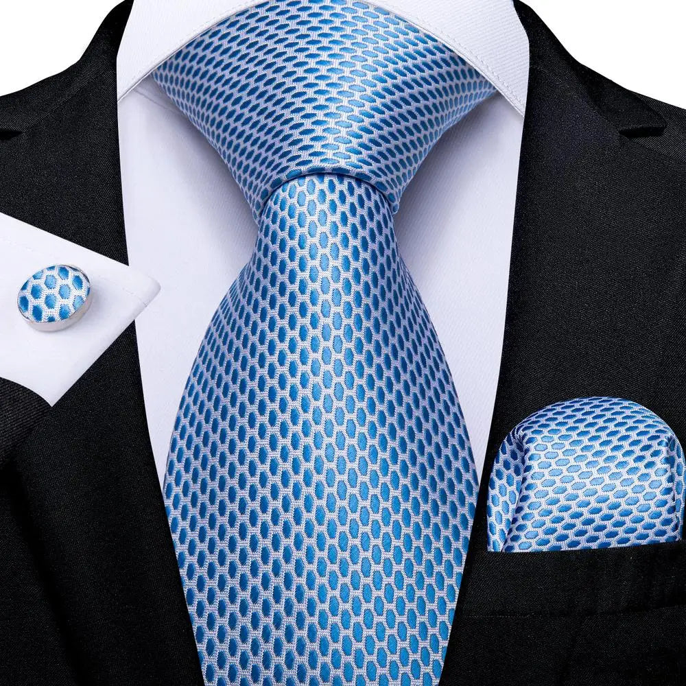 Hi-Tie Light Blue Solid Silk Wedding Nicktie For Men Hanky Cufflink Gift Men Tie Set Business Party Dropshipping Novelty Design