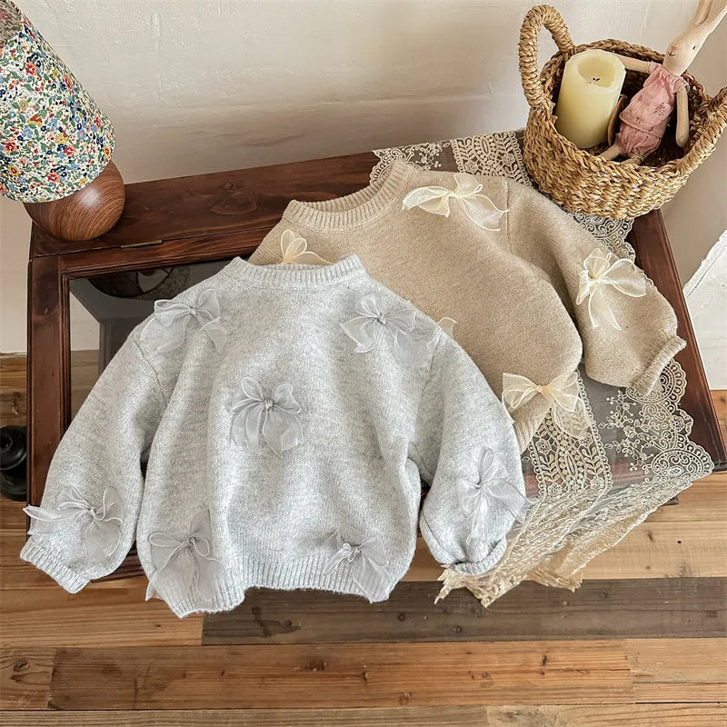 Korean Style Children Clothing Autumn New Girl Baby Toddler Solid Bow Sweaters Winter Fashion Sweet Kid Princess Knitted Sweater