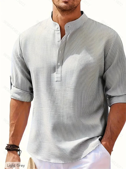 Men's Spring Shirts Solid Color Casual Henry Neck Long Sleeve Outdoor Simple Male Waffle top Thin Button Tops