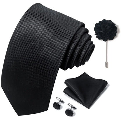 Luxury Mens Ties Floral Black Gold Ties Paisley NeckTie Pocket Square Cufflinks Brooch Set Men's Wedding Party Tie