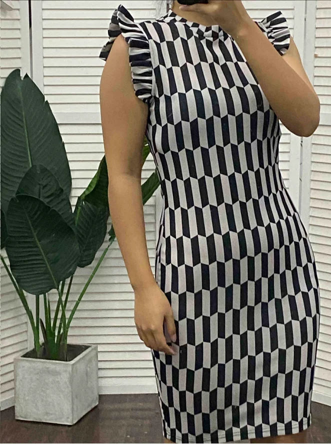 Elegant Women's Dresses Summer Fashion All Over Print Flutter Sleeve Casual O-Neck Skinny Midi Work Pencil Dress