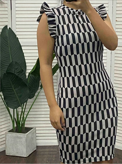 Elegant Women's Dresses Summer Fashion All Over Print Flutter Sleeve Casual O-Neck Skinny Midi Work Pencil Dress
