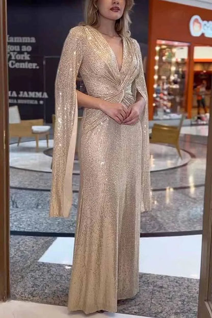 Autumn Winter Luxurious Sexy Sequins Cocktail Party Dress Prom Gown Cloak Sleeve V Neck Folds Corset Evening Floor Length Dress