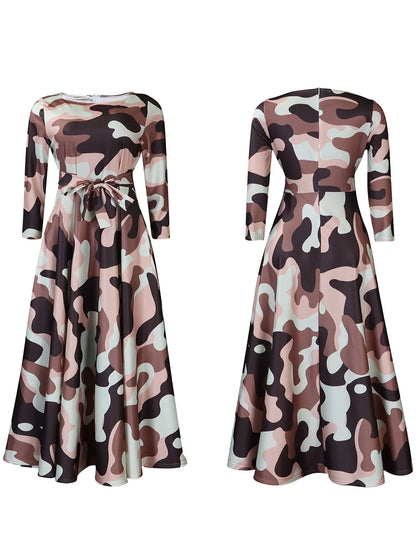 Women's 2024 Autumn New Style Fashionable Elegant Temperament Fashionable Printed Strap Waist Large Skirt Large Size Dress