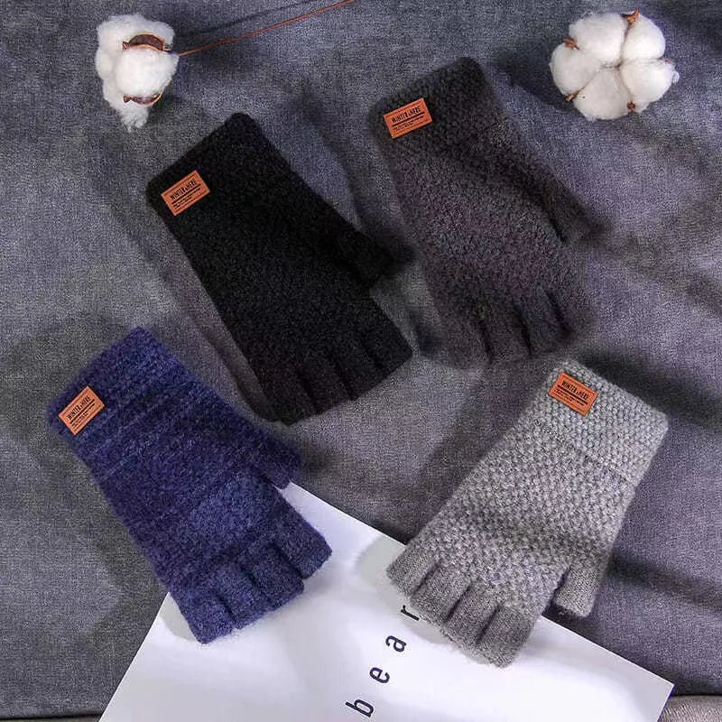 New Men Winter Wool Fingerless Gloves Half Finger Writting Office Knitted Alpaca Warm Leather Label Outdoor Thick Driving Gloves