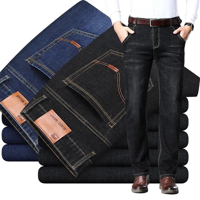 Men's Jeans Business  Straight Elastic Loose Slim Fitting Stretch Casual Trousers Denim Pants Blue Black Streetwear