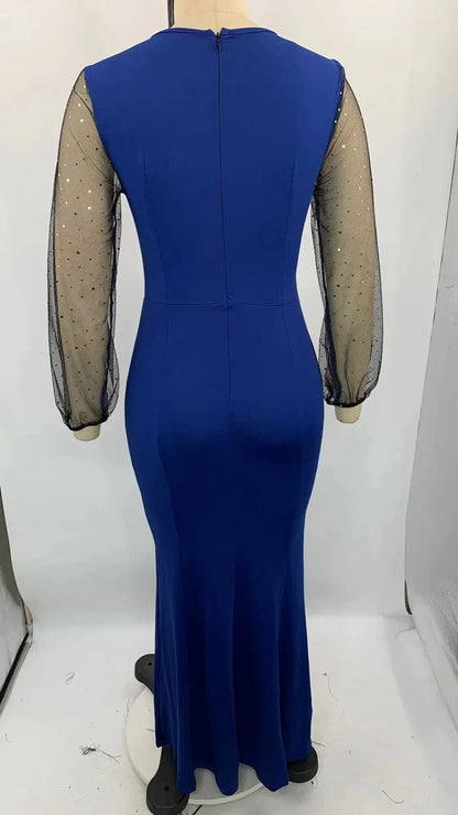 Mesh Patchwork Dress Womens Fashion Round Neck Long Sleeve Slim Elegant Dress Women