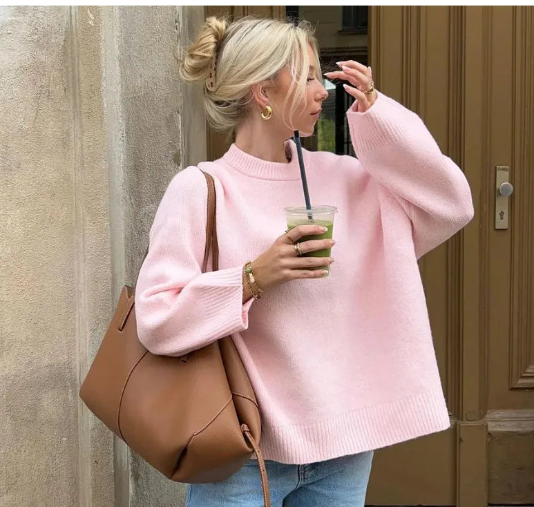 Pink Sweet Autumn Winter Women Warm Knitted Jumper New Round Neck Pullover Tops Loose Casual Long-sleeved Bottomed Sweater Women