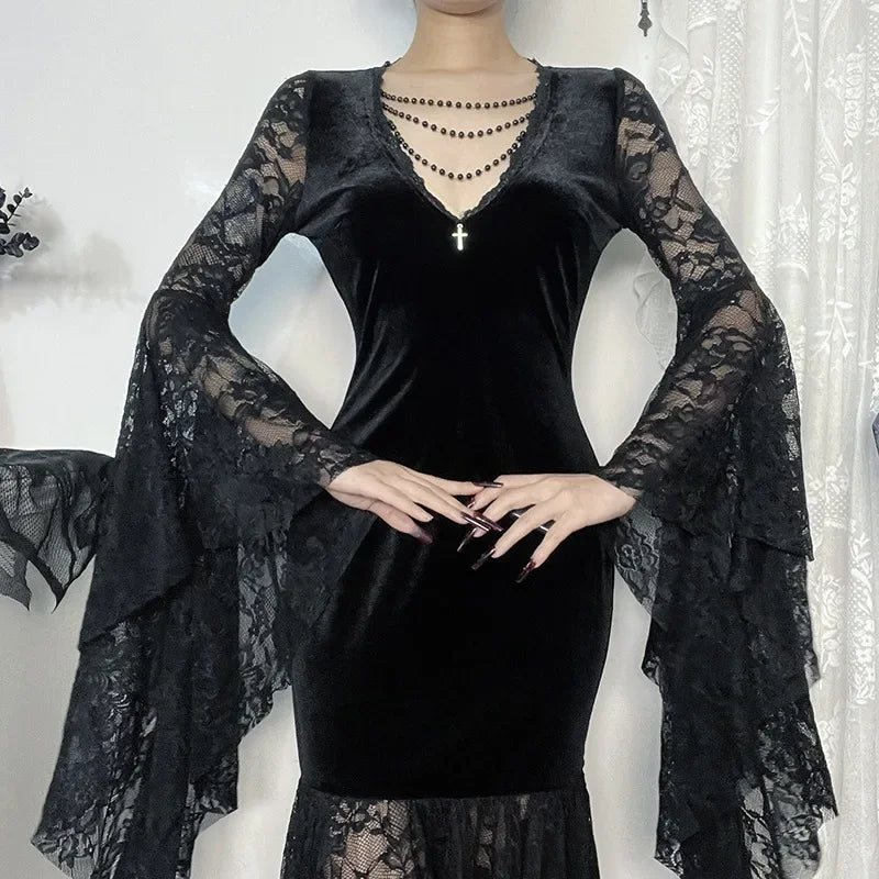 Y2K Goth Floral Lace Mesh Flared Sleeve Bodycon Party Dresses Sexy Vintage Elegant Black Velvet V-Neck Long Dress Partywear