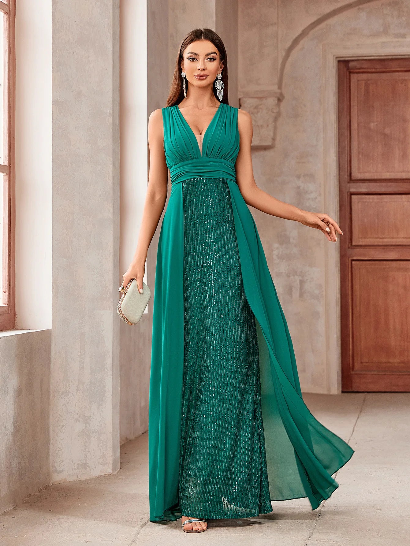 Vestidos De Fiesta High Waist Sexy V-Neck Sequin Gown Fashion Sleeveless Slim Prom Robe Banquet Cocktail Party Long Formal Dress