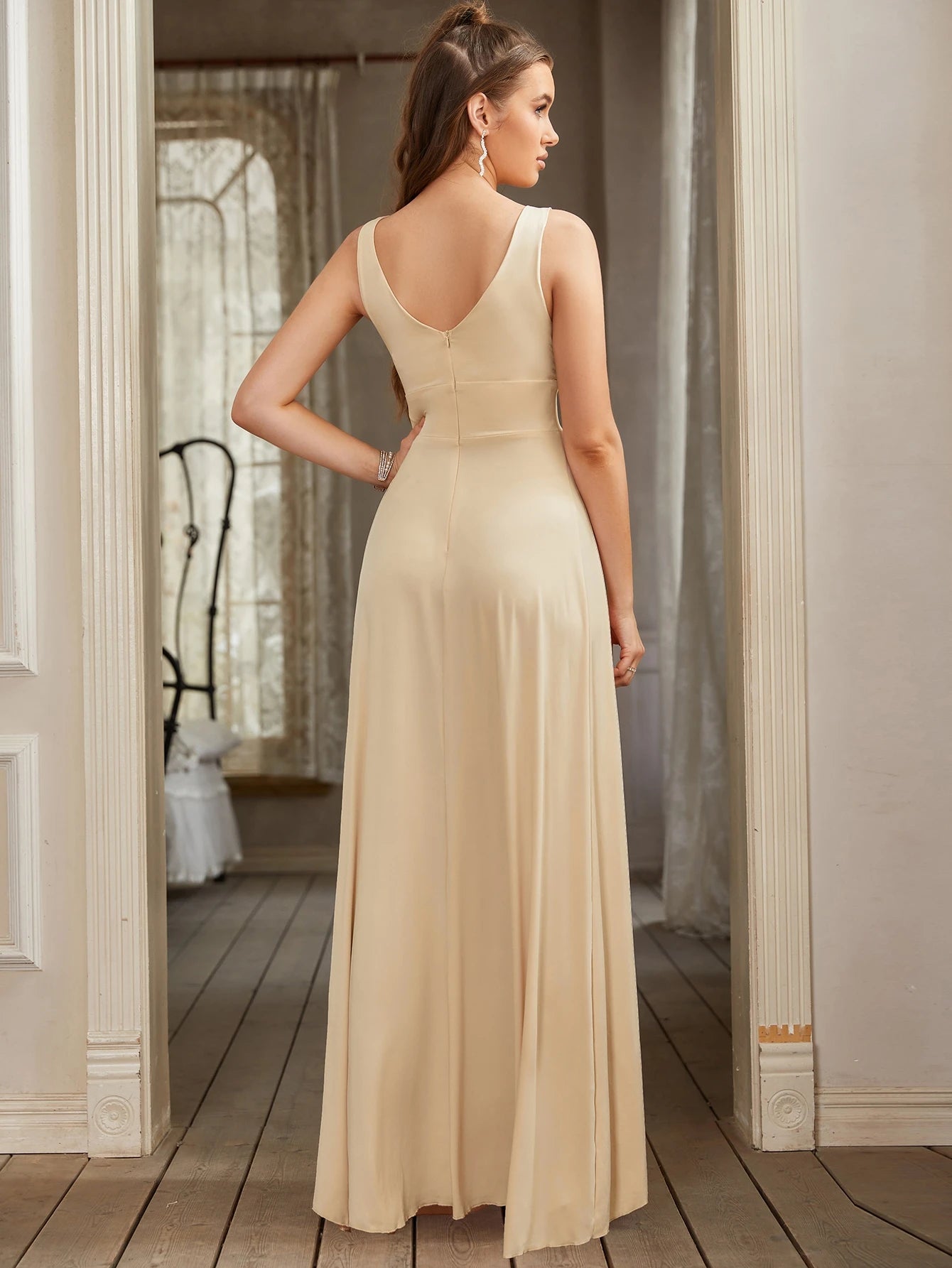 Women Evening Dresses Formal Occasion Sexy Split V Neck Backless Sleeveless Cocktail Dresses Wedding Party Prom Gowns Bridesmaid
