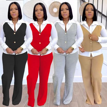 HLJ Elegant Lady Patchwork Shirts Two Piece Sets Women Lapel Long Sleeve Button Top And Pants Outfits Autumn OL 2pcs Clothing