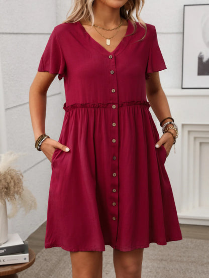 Spring Summer Button Down Dress Flutter Sleeve Cotton Linen A Line Dress With Pockets Beach Summer Knee Length Dresses For Women