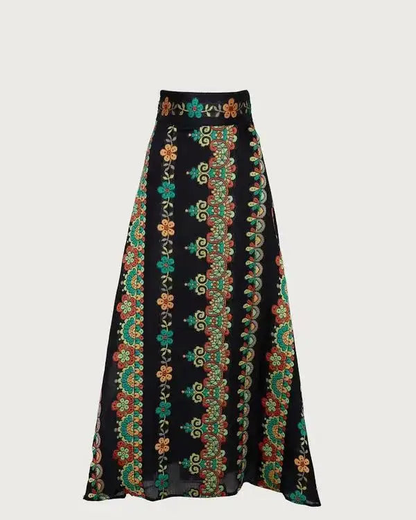 Spring Summer Womens Dress Fashion Printed Long-sleeved Top and Lose Floor-length Skirt Elegant V-neck Women Clothes Vestidos