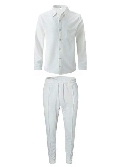 Spring and Autumn men waffle solid color two-piece new trend lapel long-sleeved shirt and trousers casual outdoor sports suit