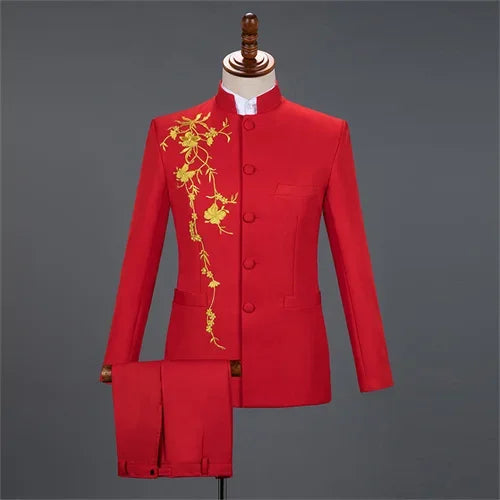 New Men Stand Collar Embroidery Suit 2 Piece Black / White / Red Fashion Male Stage Party Perform Blazer and Trousers
