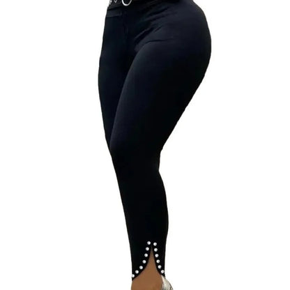 2024 Spring Summer New Women's Slit Trousers Cannon Beads High Waist Metal Sheet Skinny Pants