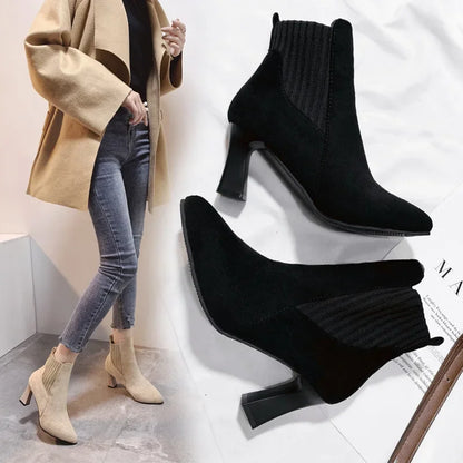 Ankle Boots Women 2024 Autumn Pointed Toe Knitted Warm Elastic Women's Shoes Casual High Heels Platform Boots Botas De Mujer