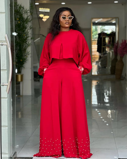 CM.YAYA Women's Set Long Sleeve High Low Maxi Blouse and Pearl Beading Wide Leg Pants 2025 Two 2 Piece Sets Outfits Tracksuit