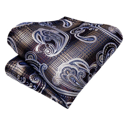 Hi-Tie Paisley Brown Tie For Men Elegant Mens Necktie Pocket Square Cufflink Groom Wedding Accessory Wholesale New Designer