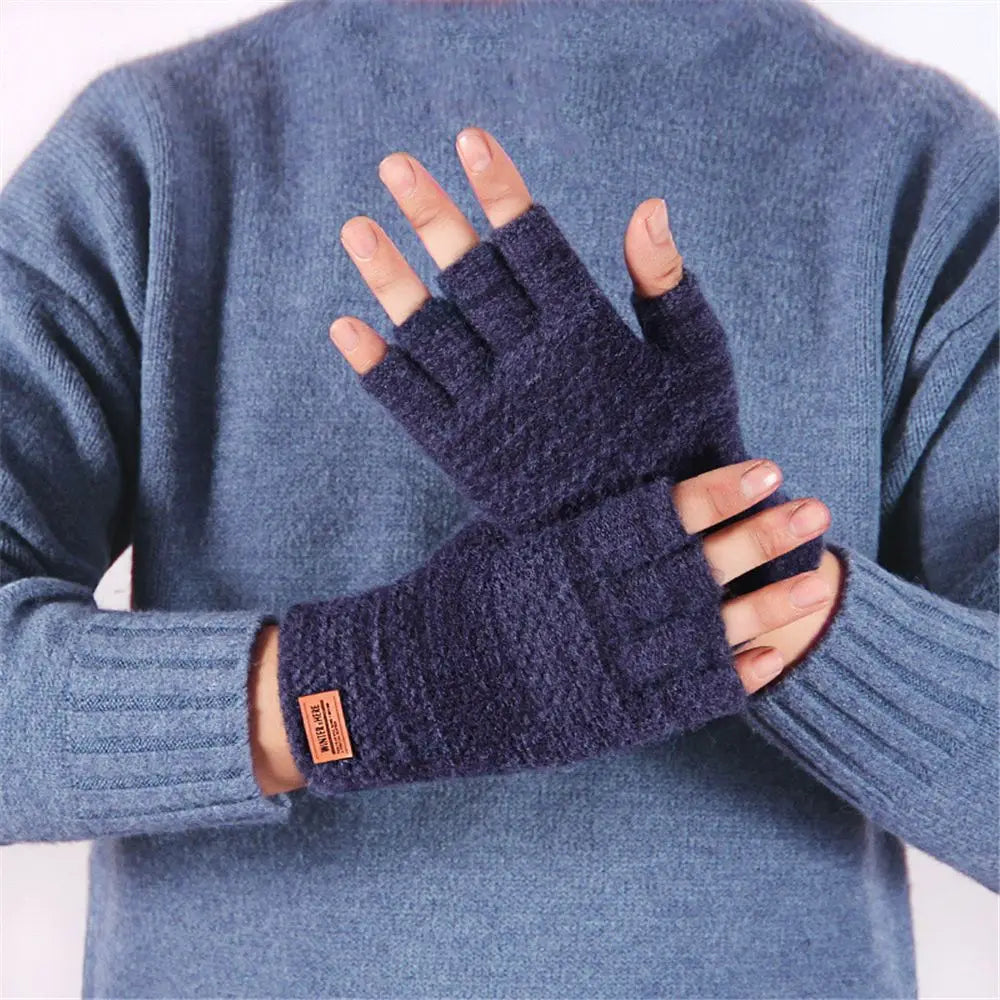 Winter Fingerless Gloves For Men Half Finger Writting Office Knitted Alpaca Wool Warm Leather Label Thick Elastic Driving Gloves