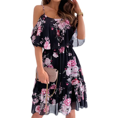 Women'S Spring/Summer New 2024 European And American Chiffon Printing Sexy Off Shoulder Strap Large Swing Ruffle Edge Dress