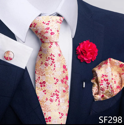 Luxury Mens Ties Floral Black Gold Ties Paisley NeckTie Pocket Square Cufflinks Brooch Set Men's Wedding Party Tie
