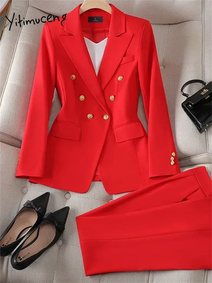 Yitimuceng Elegant Office Ladies Two Piece Sets Womens Outifits 2023 Double Breasted Long Sleeve Blazers Loose Casual Pant Suits