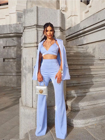 HIGH QUALITY New Fashion 2026 Designer Blazer Suit Set Women's Single Button Diamonds Beaded Camis Blazer Pants Suit 3pcs Set