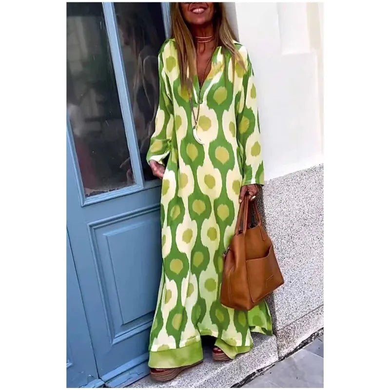 Spring Autumn Casual V Neck Long Sleeve Dress Women Fashion Geometric Printing Split Maxi Dresses Holiday Beach Boho Dress 2024