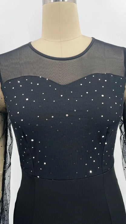 Mesh Patchwork Dress Womens Fashion Round Neck Long Sleeve Slim Elegant Dress Women