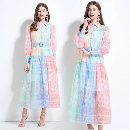 Spring Summer 2025 New Women Fashion Rainbow Print Elegant Shirt Long Dresses Vintage Single Breasted Party Dress Bohemian Trend