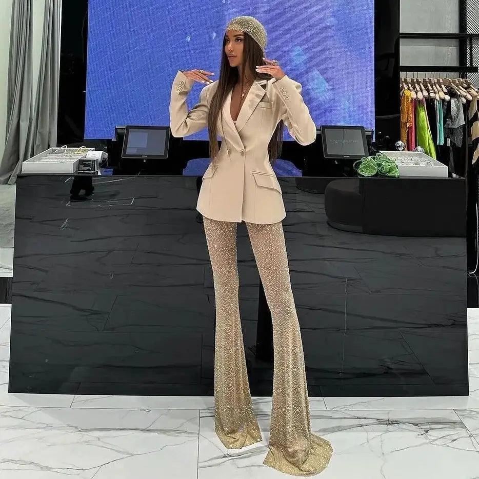 2024 Stylish Woman Oversize Suit Coat And Shining Diamonds Mesh Pants 2 Pieces Set Fashion Woman High Street Wear Party Outfit