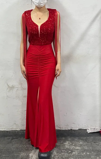 Womens Dresses 2024 Summer Fashion Contrast Sequin Ruched Slit Tassel Design Sexy Plunge Short Sleeve Skinny Maxi Evening Dress