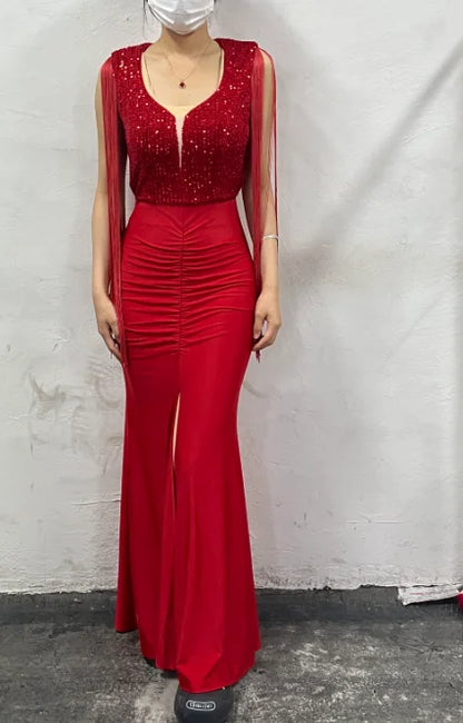 Womens Dresses 2024 Summer Fashion Contrast Sequin Ruched Slit Tassel Design Sexy Plunge Short Sleeve Skinny Maxi Evening Dress
