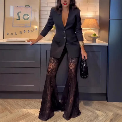 Women's Elegant Blazer Jacquard Lace Pants Sets Slim Button Full Sleeve Suit Jacket Long Flare Trousers Lady Party Outfits