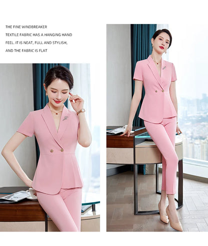NAVIU Fashion Pink Short Sleeve Professional Suit Women New Summer Elegant Formal Slim Blazer And Pants Office Ladies Work Wear