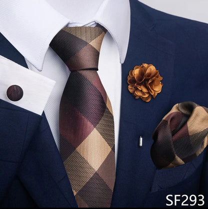 Luxury Mens Ties Floral Black Gold Ties Paisley NeckTie Pocket Square Cufflinks Brooch Set Men's Wedding Party Tie