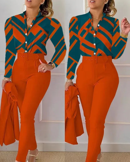 Women's Elegant Autumn/Winter Printed V-Neck Long Sleeve Button Shirt Top Fashion Solid Color Long Pants 2 Piece Set With Belt