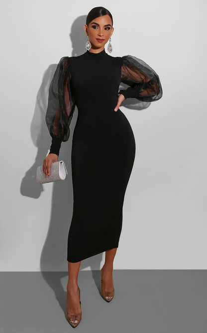 Elegant Spring Summer Dress for Women Long Sleeve Evening Gown Women Clothing Temperament Half High Collar Bodycon Dress Vestido
