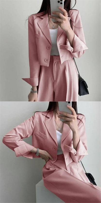 Suit Coat 2 Piece Set Women Blazer Jacket Straight Pants Ensemble Single Breasted Turn Down Collar Trousers Office Lady Outfits